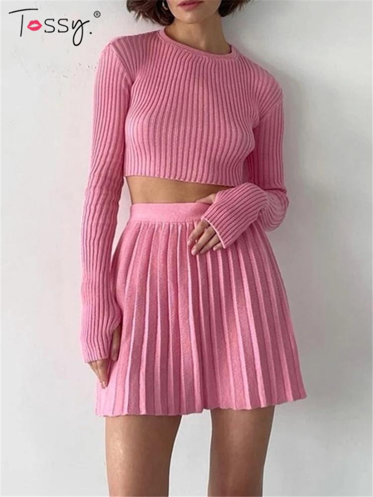 all in one place בגדי נשים Tossy Knit Two Piece Sets Mini Pleated Skirt Suits Long Sleeve Cropped Sweater Top For Women 2021 Casual Outfits Matching Sets