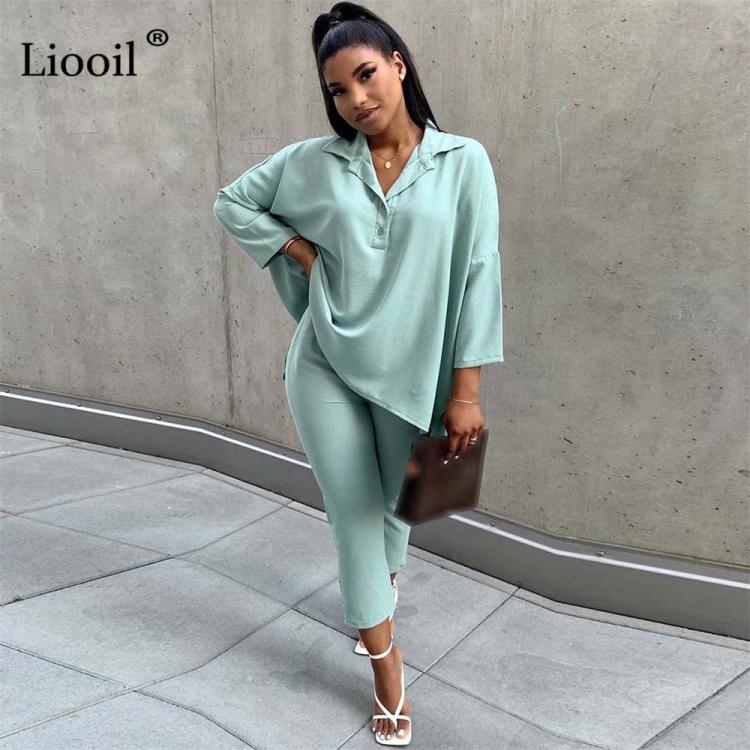 all in one place בגדי נשים 2 Piece Set Casual Loose T Shirt Tops And Pants Cropped Trousers Streetwear Asymmetric Button Up Green Apricot Sexy outfits Sets