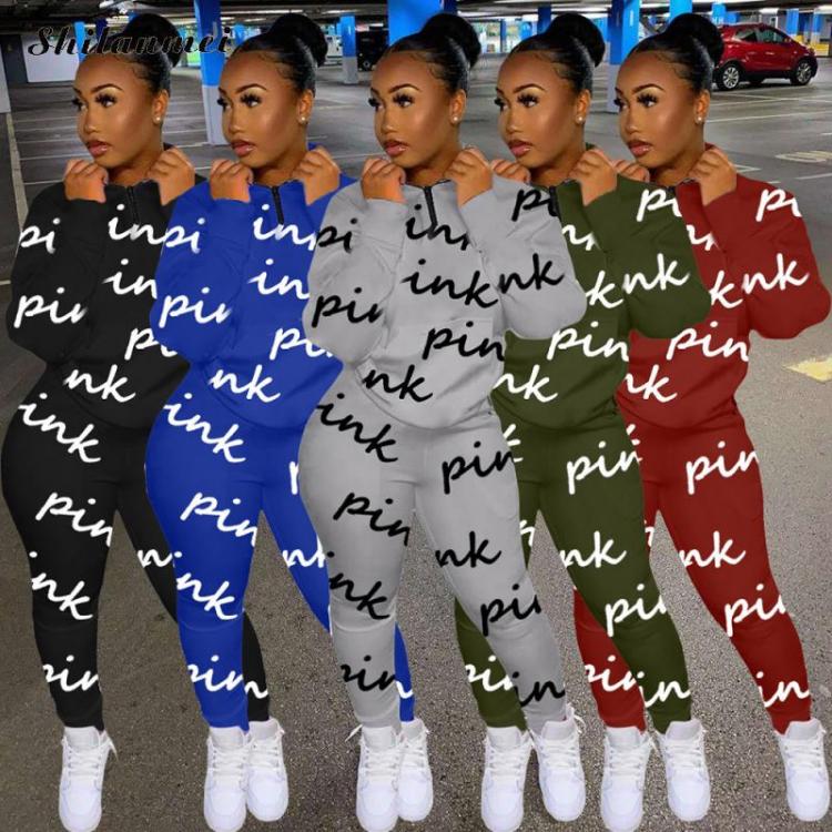 all in one place בגדי נשים New Spring Tracksuits Suits Sport 2 Piece Set Women Pink Letter Print Casual Outfits Zipper Sweatshirt Top+Pants Sweat Suit 2021