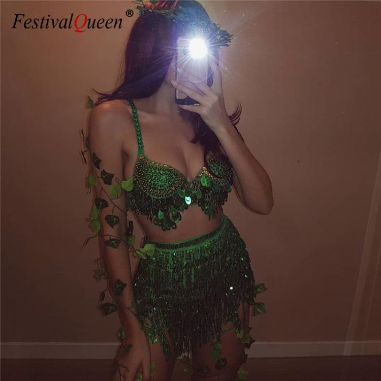 all in one place בגדי נשים Sparkle Sequins Sexy 2 Piece Outfits Backless Low Cut Bra Crop Tops Bandage Long Tassel Mini Skirts Women Clubwear Matching Sets