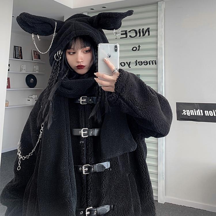 all in one place אביזרי נשים Ruibbit Hot Girl Punk Japanese Rabbit Ear Cap Chain Cross Headdress Scarf Plush Hooded Hat Winter Warm Windproof Scarf Woman