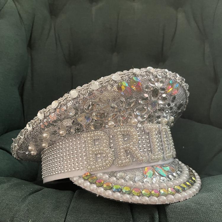 all in one place אביזרי נשים Handmade Women Sequin Burning Military Hat Luxury Silver Captain Sergeant Hat Rhinestone Bride Festival Part Hat