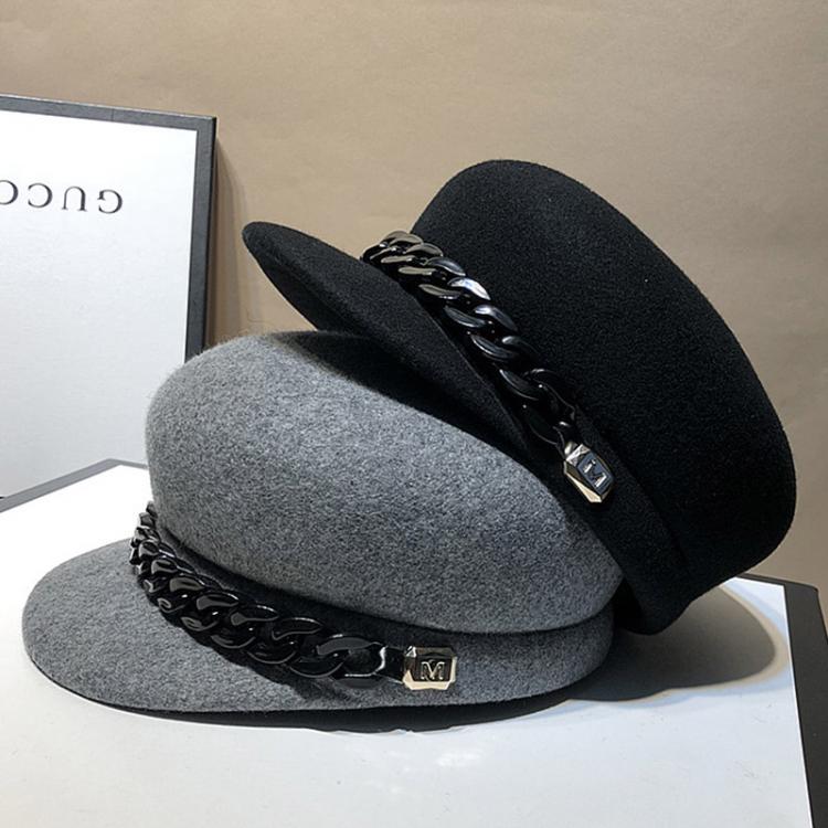 all in one place אביזרי נשים 100% Wool Gray Black Winter Hat Warm Wool HatWomen Fashion Chain Newsboy Caps Hat Female