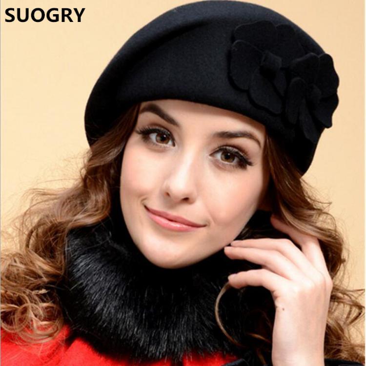 all in one place אביזרי נשים SUOGRY 2017 New Fashion Women Beret Hat For Women Beanie Female Cap Flower French Trilby Wool Soft Stewardess Hat gorras planas