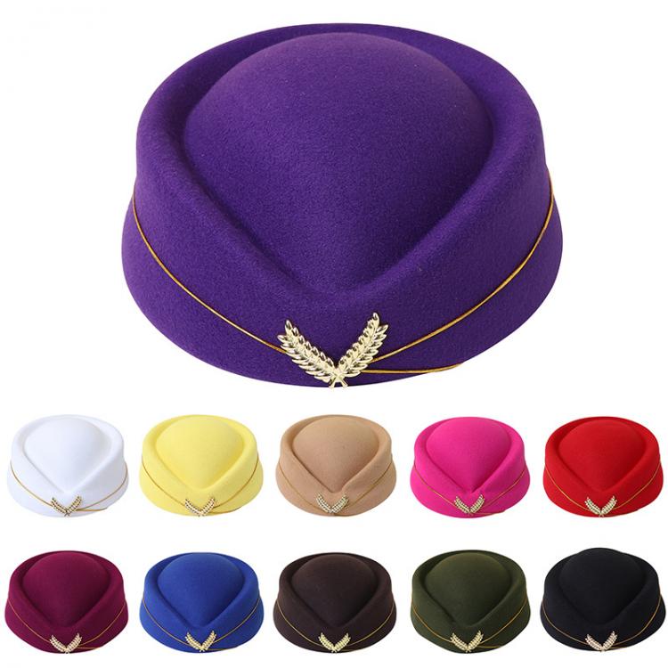 all in one place אביזרי נשים Women Imitation Wool Felt Cap Ladies Pillbox Hats with Gold Insignia Solid Beret Stewardess Air Hostesses Hat Base Sweet Fedoras