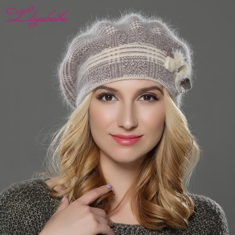 all in one place אביזרי נשים LILIYABAIHE  NEW winterWomen beret hat knitted wool angora beret  The classic grid of mink flower decoration cap Double warm hat
