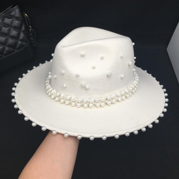 all in one place אביזרי נשים Fedora panama Autumn winter white wool women's hat with many Pearls ladies caps hand-made fashion French style