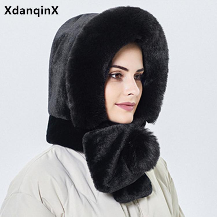all in one place אביזרי נשים XdanqinX Novelty Winter Women's Warm Hat Fluff Thick Warmth Bomber Hats Bib Scarf Hooded Woman Earmuffs Caps Cold Proof Ski C