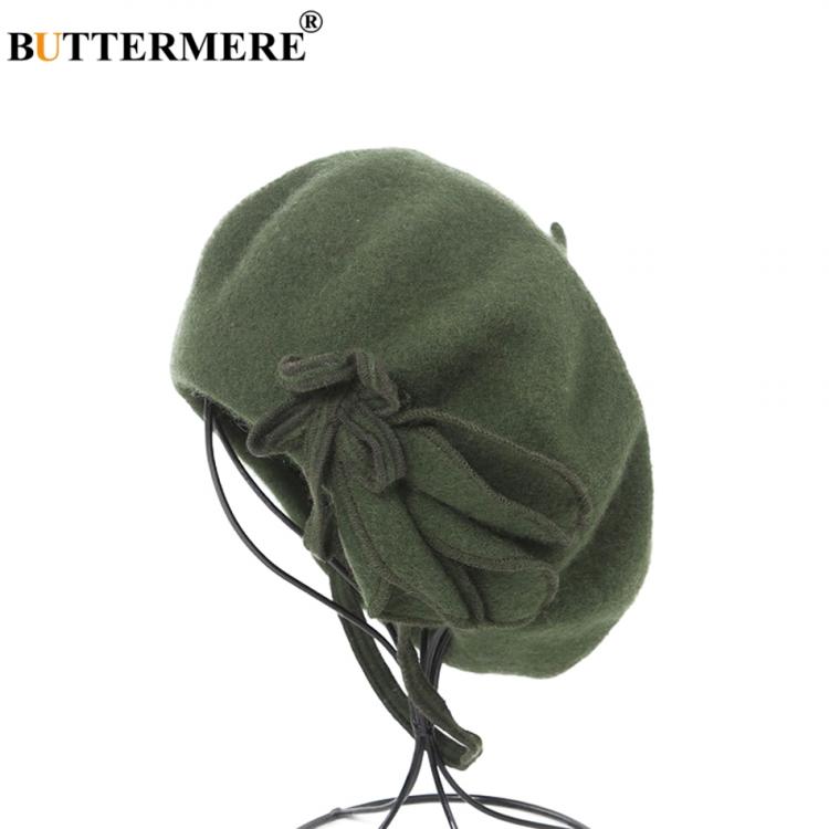 all in one place אביזרי נשים BUTTERMERE Wool French Beret For Women Green Elegant Painters Hats Ladies Solid Bowknot Female Beret Autumn Winter Artist Cap