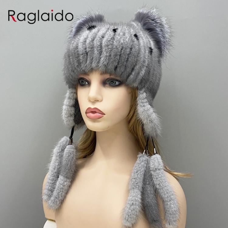 all in one place אביזרי נשים Women bomber ear hats knitted natural mink fur tails earflap winter hat