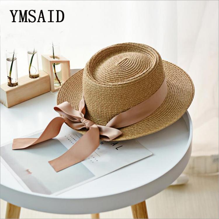 all in one place אביזרי נשים Ymsaid New Summer Sun Hats Women Fashion Girl Straw Hat  Ribbon Bow Beach Hat Casual Straw Flat Top Panama Hat Bone Feminino