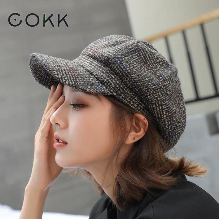 all in one place אביזרי נשים COKK Autumn Winter Wool Newsboy Cap Fashion Hats for Women Female Winter Cap Girl Visor Travel Beret Thick Warm Vintage Bonnet