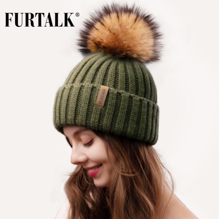 Furtalk Real Fur pompom Beanie Hat 