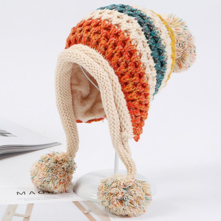all in one place אביזרי נשים HT1996 2018 New Winter Knitted Hats Women Patchwork Pompon Balls Earflap Caps Ladies Warm Thick Winter Beanies Female Beanie Hat