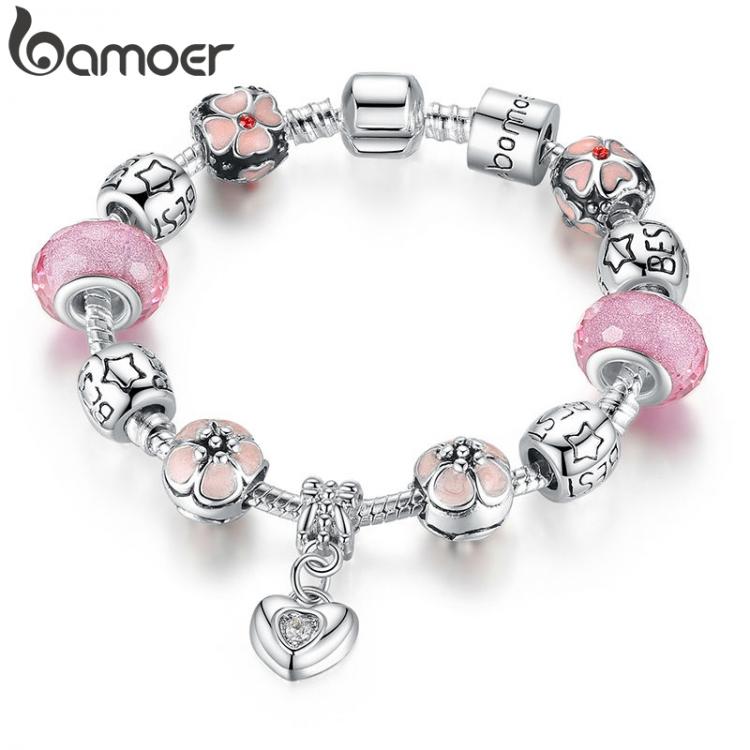 all in one place אביזרי נשים BAMOER Silver Plated Charm Bracelet with Heart Pendant & Cherry Blossom Charm Pink Murano Glass Beads Friendship Bracelet PA14