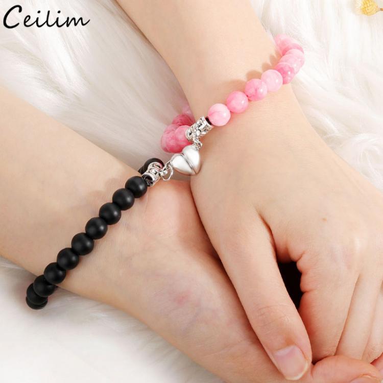 all in one place אביזרי נשים 2pcs/set Couple Bracelets Natural Stone Beads Heart shaped Distance Magnet Attraction Bracelet for Lovers Jewelry Gifts 2021 New