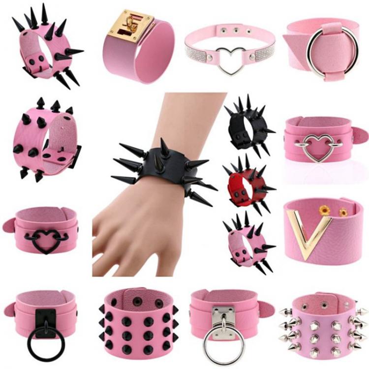 all in one place אביזרי נשים Boho Spike Bracelets For Women Punk Vegan Goth Pink PU Leather Bracelets Cuff Bangles Studded Halloween Wristband Party Jewelry
