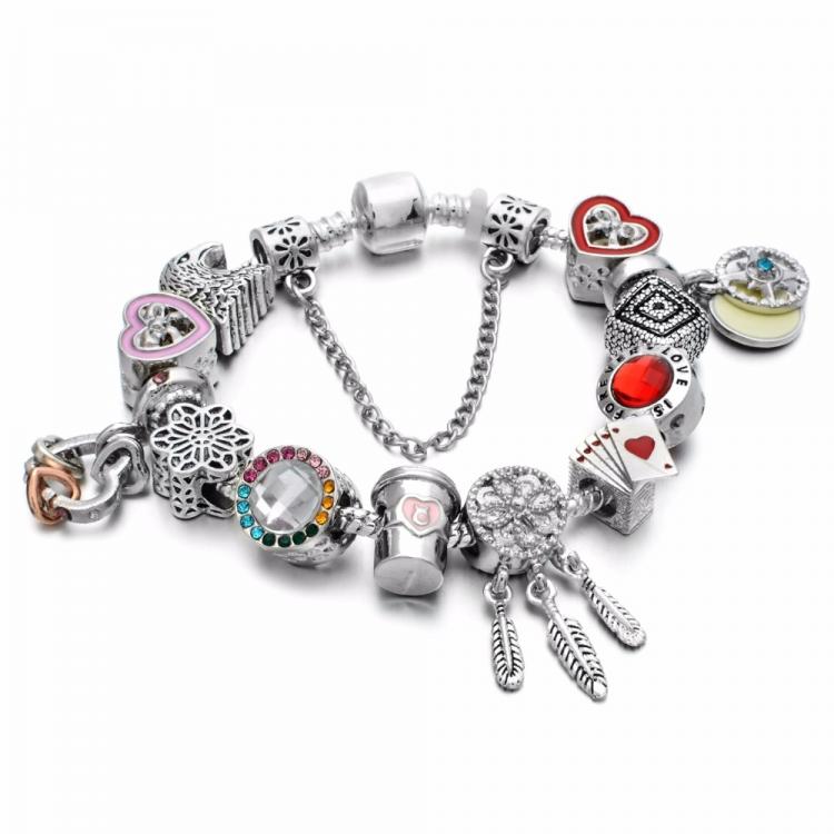 all in one place אביזרי נשים Fashion Antique Silver plated Pa Bracelets & Bangles Crystal Heart Charm Beads Bracelet for Women DIY Original Jewelry Gift