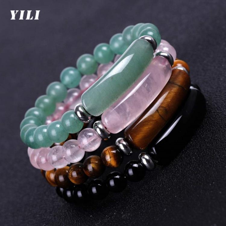 all in one place אביזרי נשים 8MM Healing Natural Stone Strand Bracelets Pink Quartz Agates Opal Green Crystal Rectangle Bar Charm Beaded Bracelets Jewelry