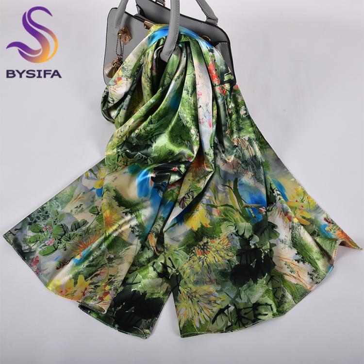 all in one place אביזרי נשים [BYSIFA]  Green Blue Ladies Satin Long Silk Scarf Shawl New Fashion Brand Scarves Printed Spring Fall Female Head Scarf 160*70cm