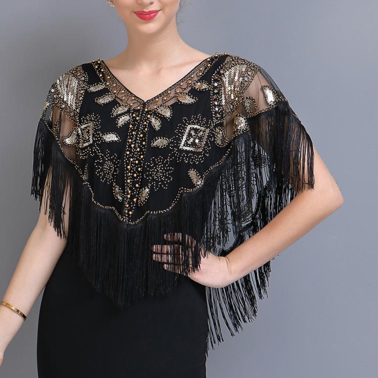 all in one place אביזרי נשים Women 1920s Sequined Shawl with Tassels Beaded Pearl Fringe Sheer Mesh Wraps Gatsby Flapper Bolero Cape Cover Up