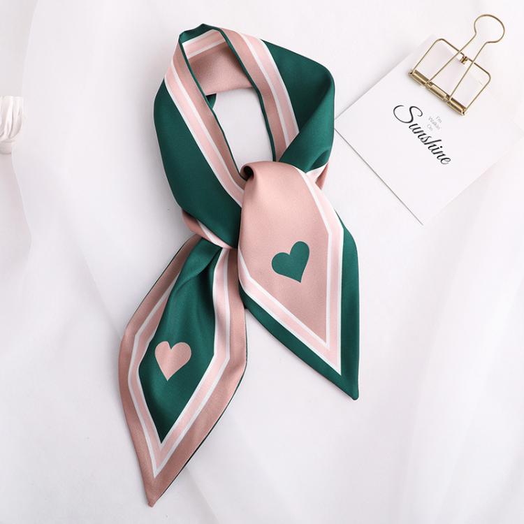 all in one place אביזרי נשים Sweet Love Print Women Small Silk Scarf Handle Bag Ribbons Female Head Scarves Sharp angle Green  90*10cm