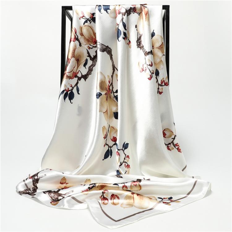 all in one place אביזרי נשים Fashion Silk Scarf Women Summer Head Scarf Green Floral Print Handkerchief Shawls and Wraps Hijab Female 90*90cm Neck Scarves