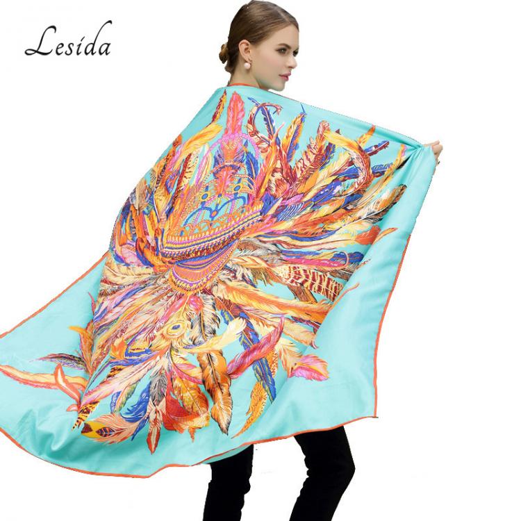 all in one place אביזרי נשים LESIDA Silk Scarf Women Large Shawls Feather Print Stoles Square Bandana Luxury Brand Kerchief Scarves Female Foulard 1306
