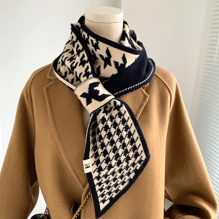 all in one place אביזרי נשים Ladies Fashion Houndstooth Narrow Small Neckerchief Knitted Winter Warm Long Scarf