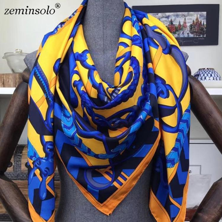 all in one place אביזרי נשים 100% Twill Silk Scarf Scarves For Women Hijab Design Print Chain Square Silk Scarves Shawls 130*130cm 2019 Female Bandana Wraps