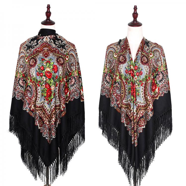 all in one place אביזרי נשים 160*160cm Russian Fringed Square Scarf For Women Retro Floral Pattern National Scarves Hijab Head Wraps Beach Travel Shawl