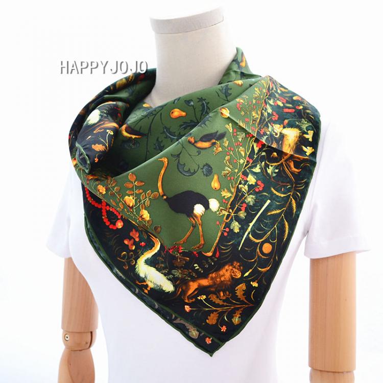 Army green luxury silk scarf women printed bird 100% real silk twill  scarves wrap foulard shawl 90cm square bandana lady gift