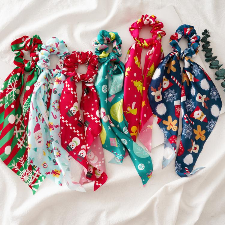 all in one place אביזרי נשים Pumpkin Snowman Print Women Hair Scrunchie Bows Ponytail Holder Hairband Bow Knot Scrunchy Girls Hair Ties Accessories Christmas