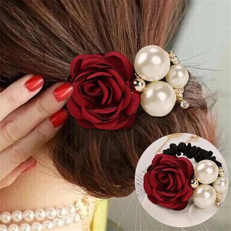 all in one place אביזרי נשים 1pc Hair Accessories Women Fashion Style Big Rose Flower Pearl Rhinestone Hair Bands Elastic Hair Rope Ring 5 Colors for Girls