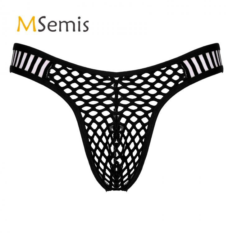 all in one place בגדי גברים Mens Lingerie Fishnet Briefs Underwear Low Waist Striped Elastic Waistband Hollow Out Thongs See-through Bulge Pouch Underpants