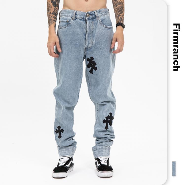 all in one place בגדי גברים Firmranch New Genuine Leather Cross Jeans For Men 2021 High Street Blue Jeans Homme Loose Straight Hearts Pants Moto Trouse