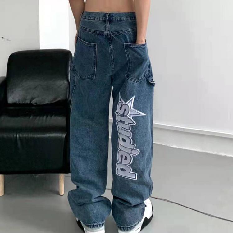 all in one place בגדי גברים Retro Pockets Letter Embroidery Ripped Casual Jeans Men and Women Straight Harajuku Oversize Streetwear Denim Trousers
