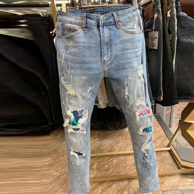 all in one place בגדי גברים High Quality Brand Hole Patch Slim Skinny Jean Vaqueros Hombre Jean For Men Light Blue Washed Stickers Hip Hop Pant Men Jean