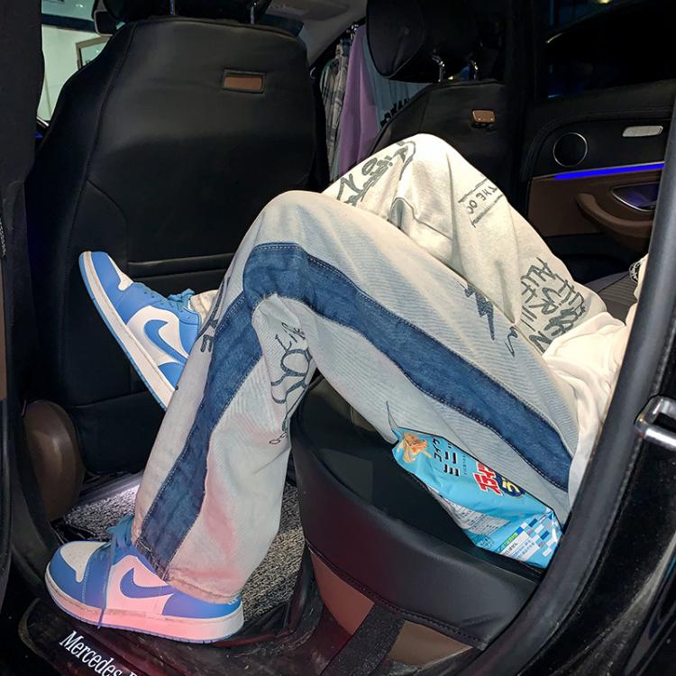 all in one place בגדי גברים Chic fashion brand jeans men's Korean version loose and fashionable floor long pants 2021 new personalized printed straight