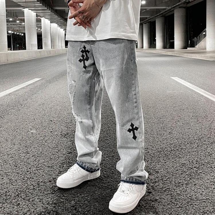 all in one place בגדי גברים Ripped Retro Hole Cross Embroidery Casual Denim Trousers Mens High Street Washed Straight Oversize Jeans Pants