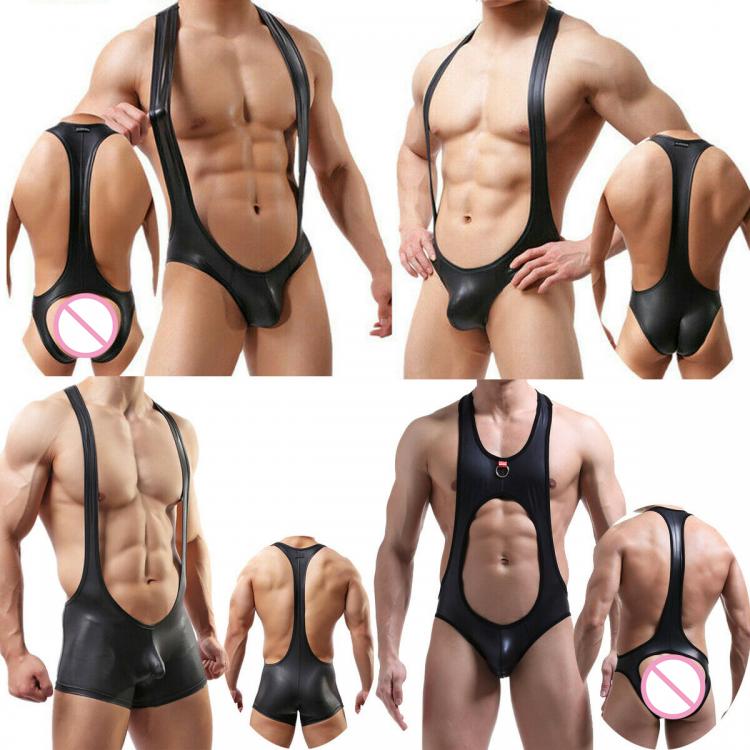 all in one place בגדי גברים Mens Sexy PU Leather Bodysuit Jockstrap Underwear Wrestling Singlet Leotard Jumpsuits Suspender Overalls Sexy Teddies Underwear