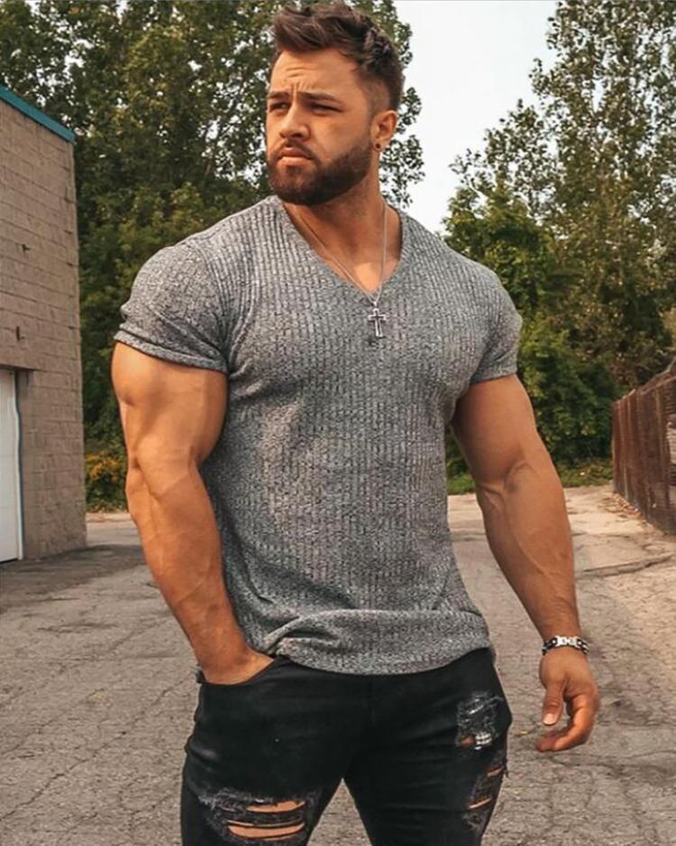 all in one place בגדי גברים Men V Neck Short Sleeve T Shirt Fitness Slim Fit Sports Strips T-shirt Male Solid Fashion Tees Tops Summer Knitted Gym Clothing