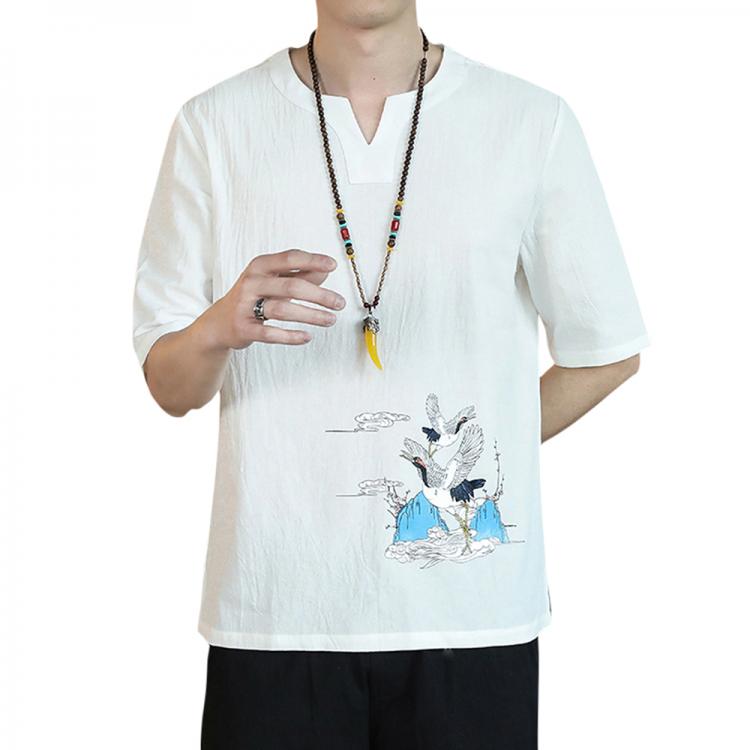 all in one place בגדי גברים 2021 Hanfu Men Crane Embroidery T-shirt Summer Chinese Style Orient Tang Black White Brown Loose Cotton Linen Tshirt Han Fu Tops