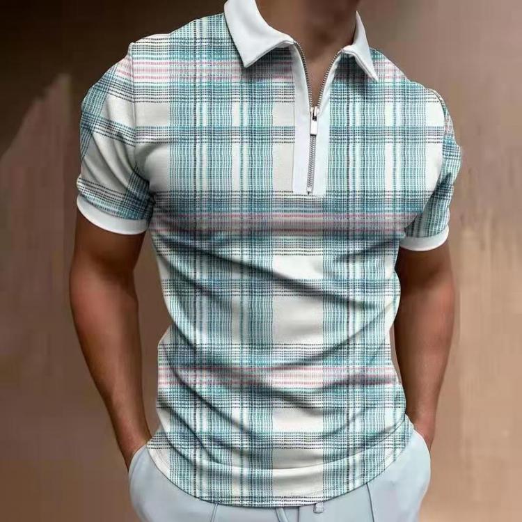 all in one place בגדי גברים 2021 Summer Chic Plaid Casual Mens Short Sleeve Polo Shirts Patchwork Turn-Down Collar Zipper Design Men Print Tops Pullovers