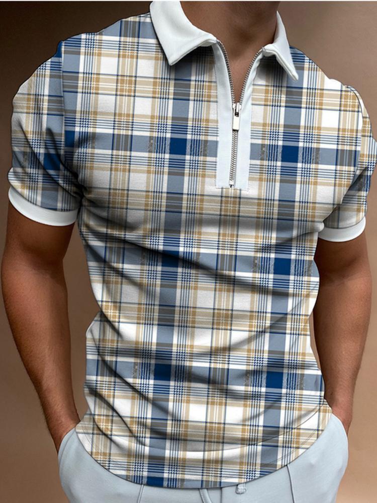 all in one place בגדי גברים Men Polo Shirts Streetwear Fashion Loose Short Sleeve Clothing Summer Plaid Polo Shirts Casual Turn-down Collar Zipper Design To