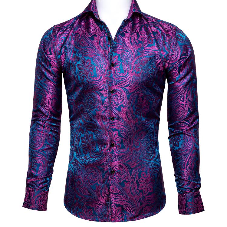 all in one place בגדי גברים Barry.Wang Luxury Rose Red Paisley Silk Shirts Men Long Sleeve Casual Flower Shirts For Men Designer Fit Dress Shirt BCY-0029