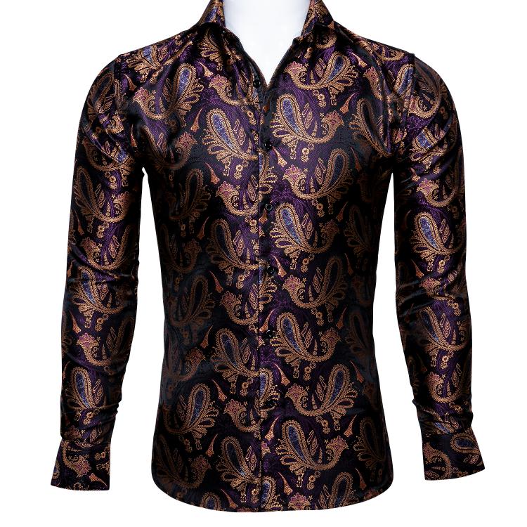 all in one place בגדי גברים Barry.Wang Luxury Purple Paisley Silk Shirts Men Long Sleeve Casual Flower Shirts For Men Designer Fit Dress Shirt BCY-0027