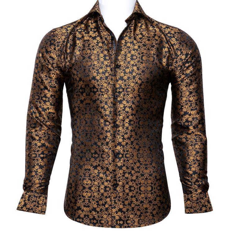 all in one place בגדי גברים Barry.Wang Luxury Gold Floral Silk Shirts Men Long Sleeve Casual Brown Shirts For Men Designer Fit Dress Shirt BCY-0025