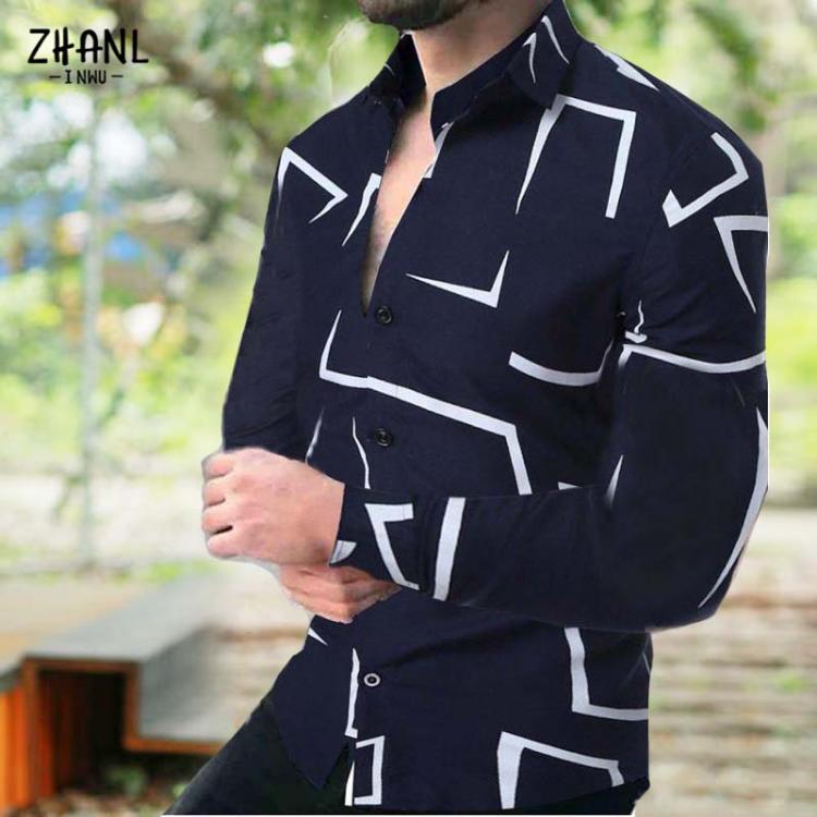 all in one place בגדי גברים Mens Fashion Slim-fit Geometric Print Long Sleeve Casual Shirt Male Button Lapel Slim Dress Shirts for men Business Cardigan Top