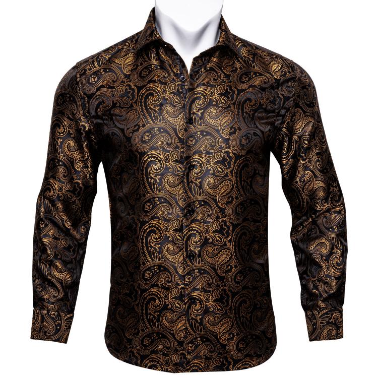 all in one place בגדי גברים Barry.Wang Gold Paisley Bright Silk Shirts Men Autumn Long Sleeve Casual Flower Shirts For Men Designer Fit Dress Shirts BCY-07